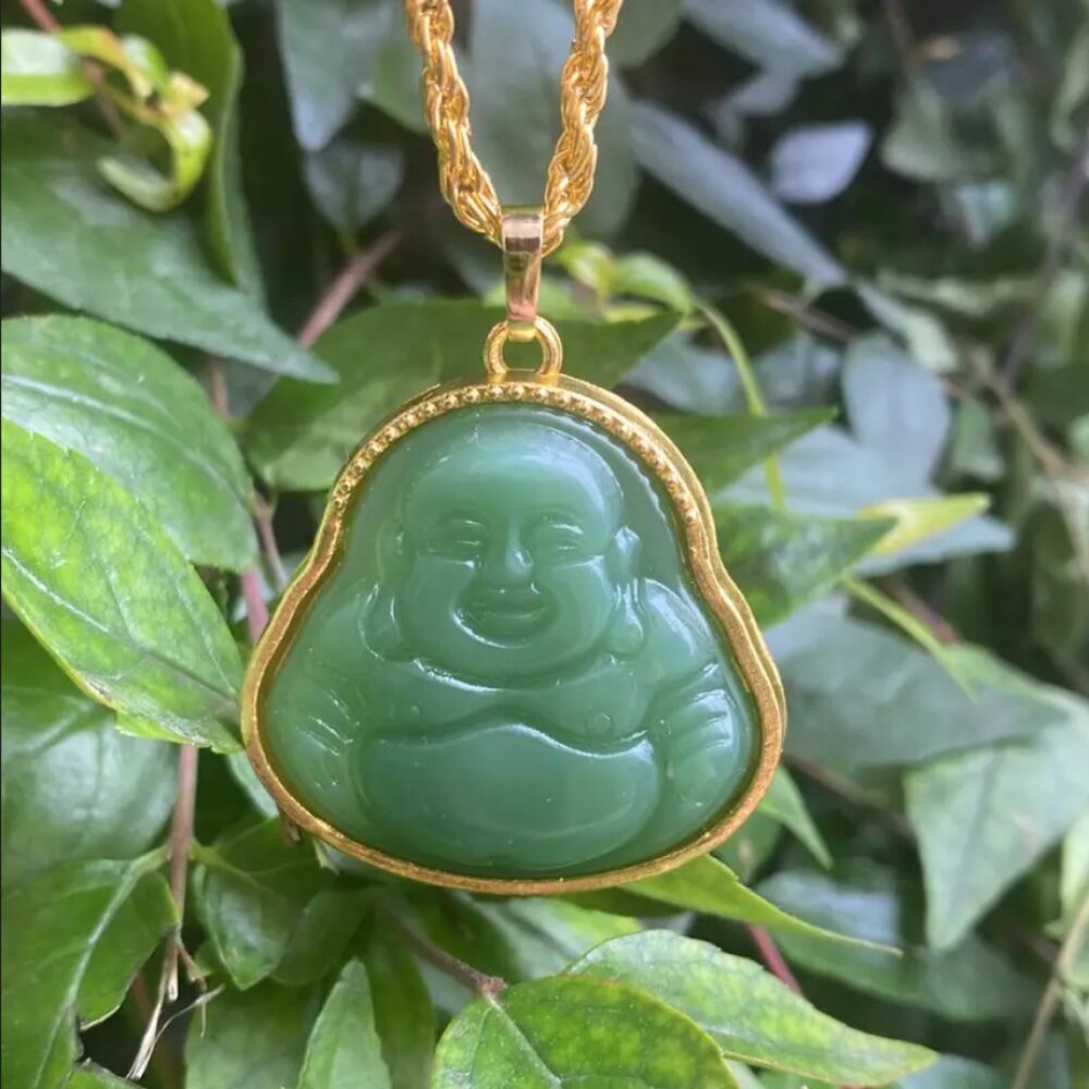 14K Gold Womens Real Natural Green Jade Buddha Necklace Jewelry 14 Karat Buddah